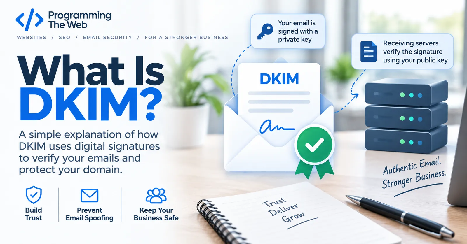 Illustration explaining DKIM email authentication for businesses